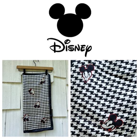 Disney‎ Mickey Mouse Houndstooth Black White Scarf Handkerchief Authentic - Picture 1 of 6
